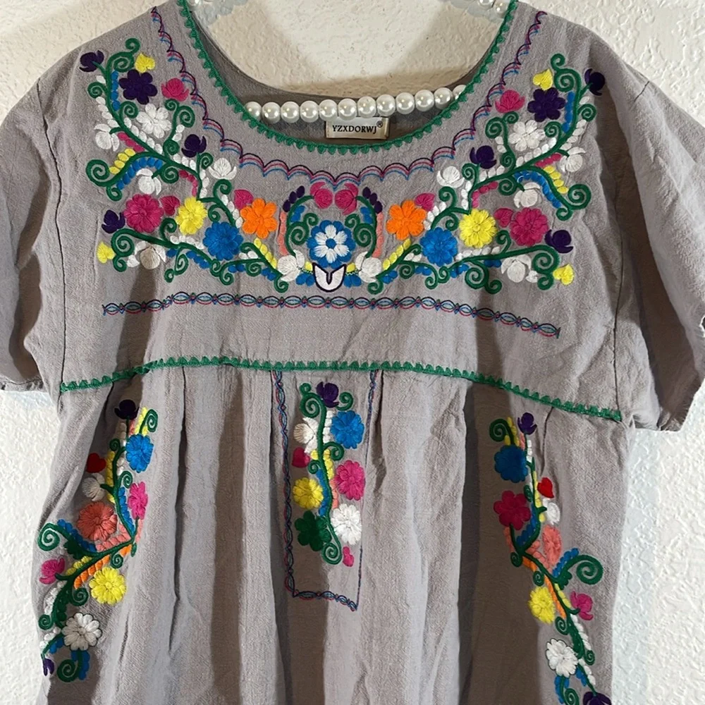 YZXDORWJ Women Mexican Embroidered Floral Dress Short Sleeve Size 2XL - Picture 6 of 15